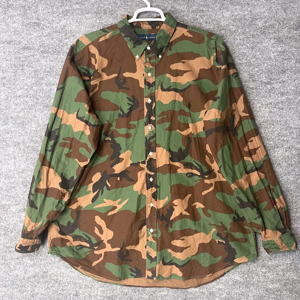 Ralph Lauren Camo Button Down Shirt Mens 2XLT Tall Green Brown Camouflage Cotton